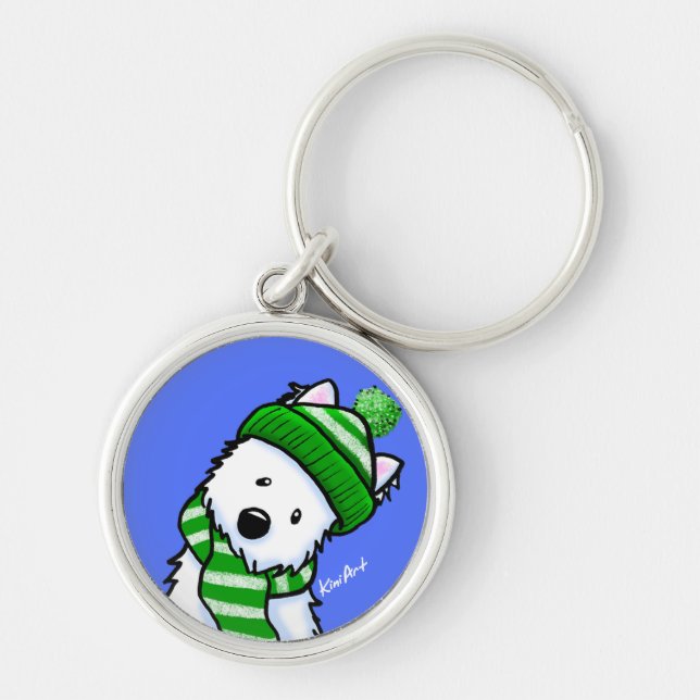 Winter Westie Keychain Rund Silverfärgad Nyckelring (Framsidan)