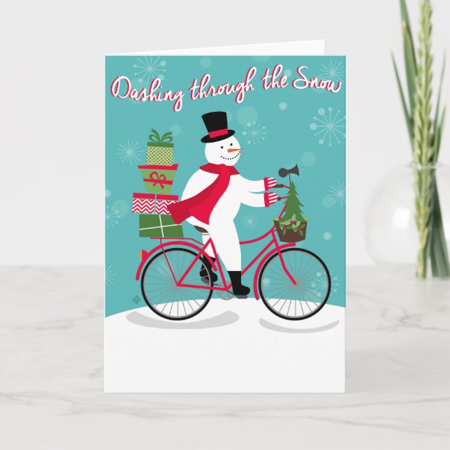 Winter Whimisical snögubbe på cykel Helgkort (Framsida)