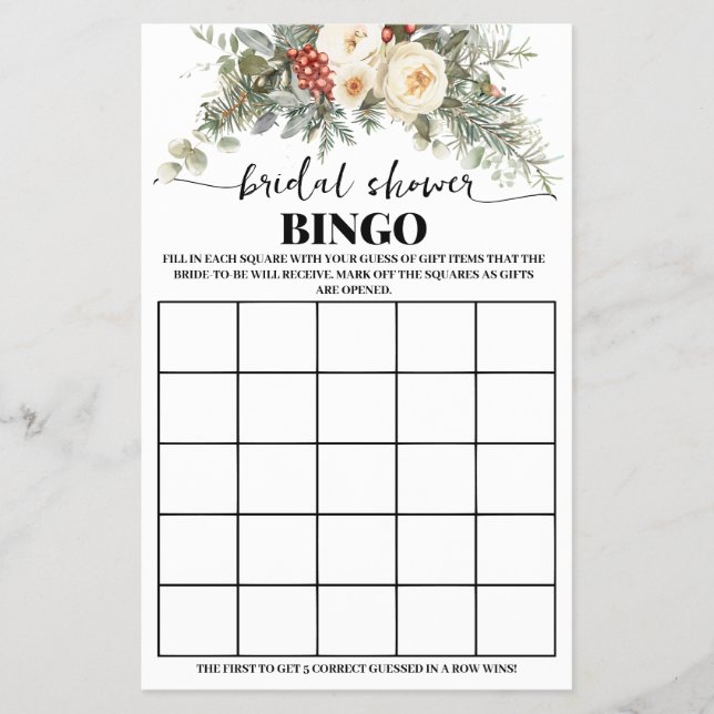 Winter White Floral Bridal Shower Bingo Game Card Flygblad (Framsidan)