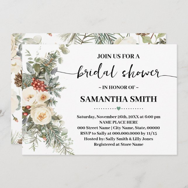 Winter White Floral Bridal Shower Inbjudningar (Fram/baksida)