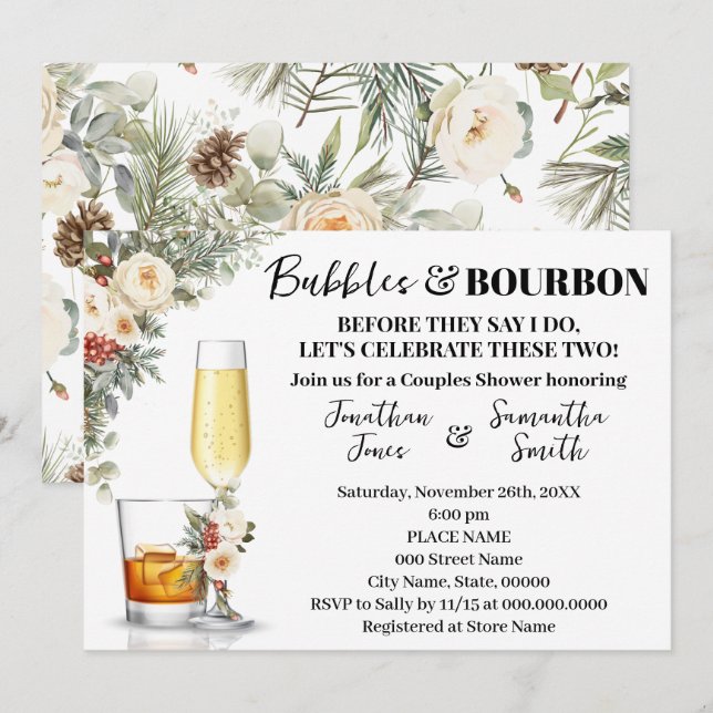 Winter White Flowers Bubbles & Bourbon Shower Inbjudningar (Fram/baksida)