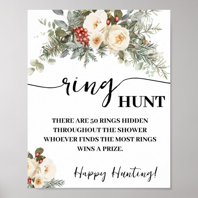 Winter White Flowers Ring Hunt Shower Game Sign Poster (Framsidan)