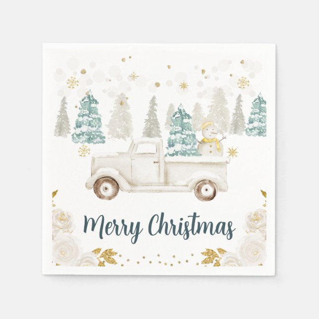 Winter White & Guld Lastbil Blommigt God jul Pappersservett (Framsidan)