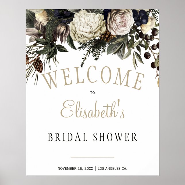 Winter white peonies bridal shower welcome sign poster (Framsidan)