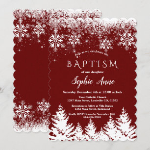 Winter White Snowflakes Red Glitter Girl Baptism Inbjudningar