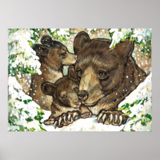 Winter Wildlife Art Black Bear Mor och Unge Poster