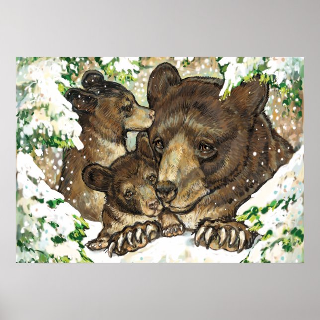 Winter Wildlife Art Black Bear Mor och Unge Poster (Framsidan)