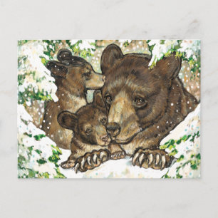 Winter Wildlife Art Black Bear Mor och Unge Vykort