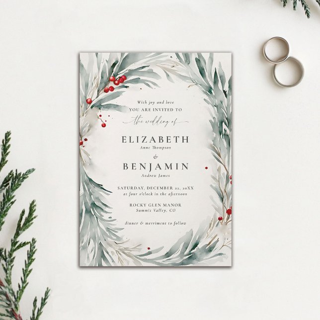 Winter Winterandejul Watercolor Elegant bröllop Inbjudningar (winter wedding invitation christmas berries elegant rustic modern botanical frame watercolor chic)