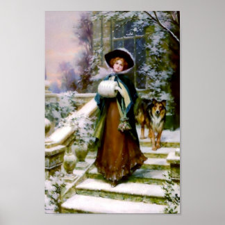 Winter Woman Collie Hund Poster