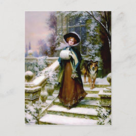 Winter Woman Collie Hund Victorian Hand Muff Vykort