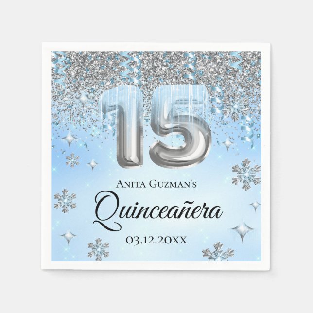 Winter Wonderland 15 Balloons Quinceanera Pappersservett (Framsidan)