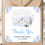 Winter Wonderland Animals Baby Shower Tack Fyrkantigt Klistermärke<br><div class="desc">Tack vare den här söta och vismliga vattenfärgsbabyduschen har du ett dekal med en vinter i vattnet med vackra arktiska djur, som t.ex. en polar, penguin, katt, val, säl och en älg. I bakgrunden finns berg med tak över snö, isar och träd. Texten kombinerar handskript och sans serif typsnitt för...</div>