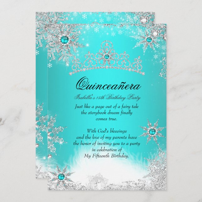 Winter Wonderland Aqua Blue Quinceanera Party Inbjudningar (Fram/baksida)