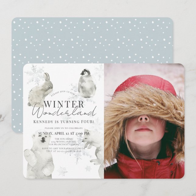 Winter Wonderland Arktiska djur Boy Birthday Inbjudningar (Fram/baksida)