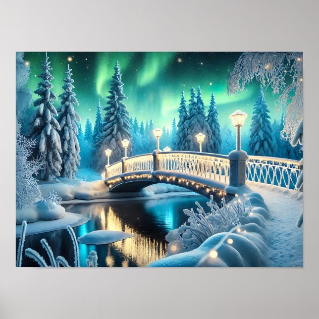 Winter Wonderland Aurora: Snowy Bridge Art Poster (Framsidan)