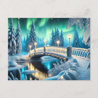 Winter Wonderland Aurora: Snowy Bridge Art Vykort