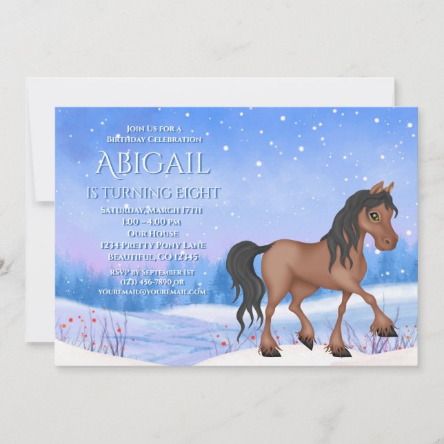 Winter Wonderland Bay Horse och Snö Birthday Inbjudningar (Framsida)