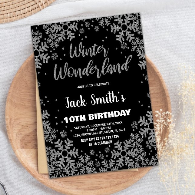 Winter Wonderland Birthday Bjud Black Inbjudningar (Winter Wonderland Birthday Invitations Black)