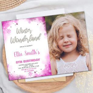 Winter Wonderland Birthday Bjud in Rosa Photo Inbjudningar