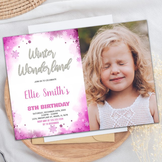 Winter Wonderland Birthday Bjud in Rosa Photo Inbjudningar (Winter Wonderland Birthday Invitations Pink Photo)