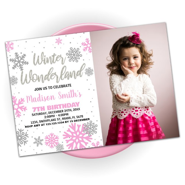 Winter Wonderland Birthday Bjud in Rosa Photo Inbjudningar (Winter Wonderland Birthday Invitations Pink Photo)