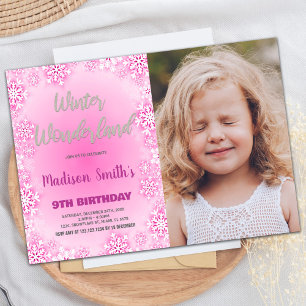 Winter Wonderland Birthday Bjud in Rosa Photo Inbjudningar