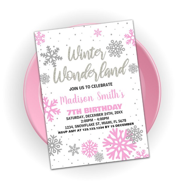 Winter Wonderland Birthday Bjud White Rosa White Inbjudningar (Winter Wonderland Birthday Invitations Pink White)