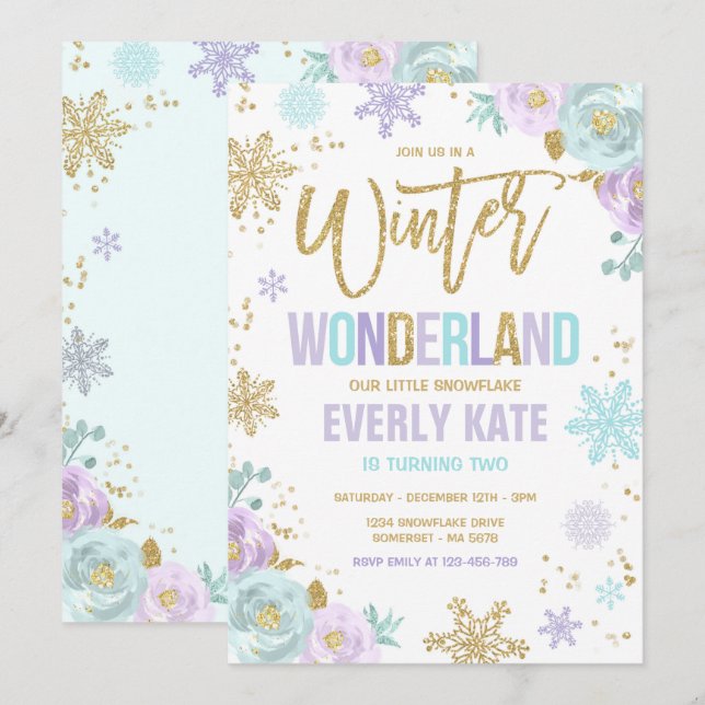 Winter Wonderland Birthday Guld Lila Snowflake Inbjudningar (Fram/baksida)