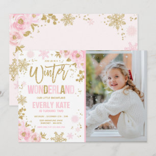 Winter Wonderland Birthday Guld Rosa Snowflake Inbjudningar