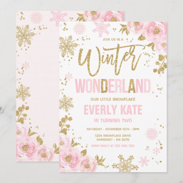 Winter Wonderland Birthday Guld Rosa Snowflake Inbjudningar (Fram/baksida)