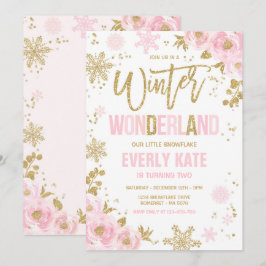 Winter Wonderland Birthday Guld Rosa Snowflake Inbjudningar