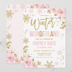 Winter Wonderland Birthday Guld Rosa Snowflake Inbjudningar