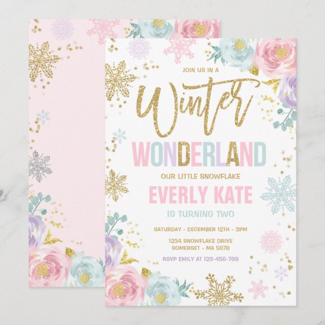 Winter Wonderland Birthday Guld Rosa Snowflake Inbjudningar (Fram/baksida)
