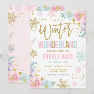 Winter Wonderland Birthday Guld Rosa Snowflake Inbjudningar