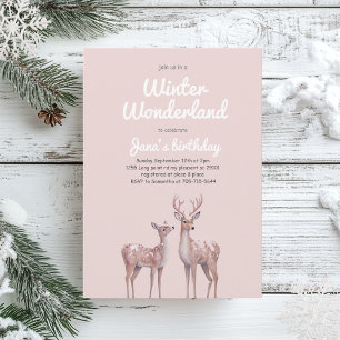 Winter Wonderland Birthday Mjuk Rosa och Hjort Inbjudningar