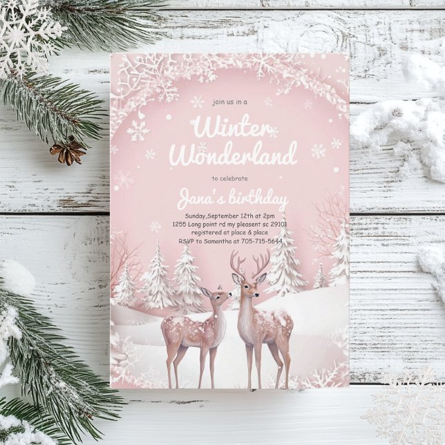 Winter Wonderland Birthday | Mjuk Rosa och Hjort Inbjudningar (Skapare uppladdad)