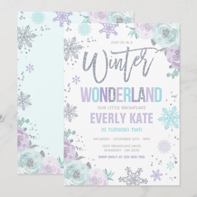 Winter Wonderland Birthday Silver Lila Snowflake Inbjudningar (Fram/baksida)