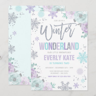 Winter Wonderland Birthday Silver Lila Snowflake Inbjudningar