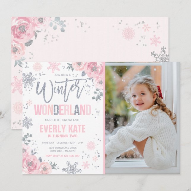 Winter Wonderland Birthday Silver Rosa Snowflake Inbjudningar (Fram/baksida)