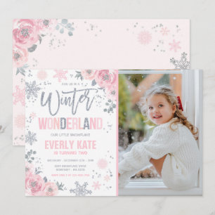 Winter Wonderland Birthday Silver Rosa Snowflake Inbjudningar