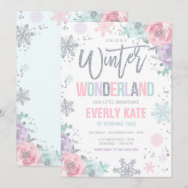 Winter Wonderland Birthday Silver Rosa Snowflake Inbjudningar