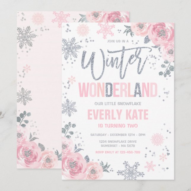 Winter Wonderland Birthday Silver Rosa Snowflake Inbjudningar (Fram/baksida)