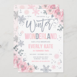 Winter Wonderland Birthday Silver Rosa Snowflake Inbjudningar
