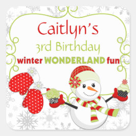 Winter Wonderland Birthday Snögubbe Mittens Fyrkantigt Klistermärke