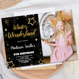 Winter Wonderland Bjud in Guld Black Photo Inbjudningar