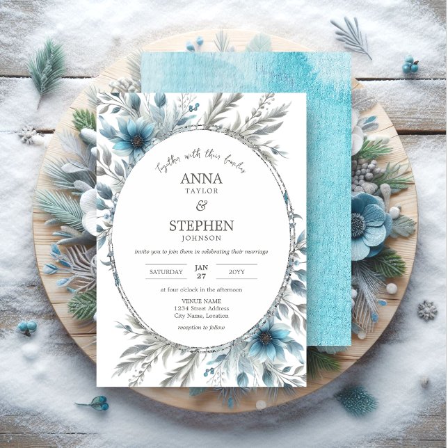 Winter Wonderland Blommigt Bröllop Inbjudningar (Winter wonderland floral wedding invitation front and back.)