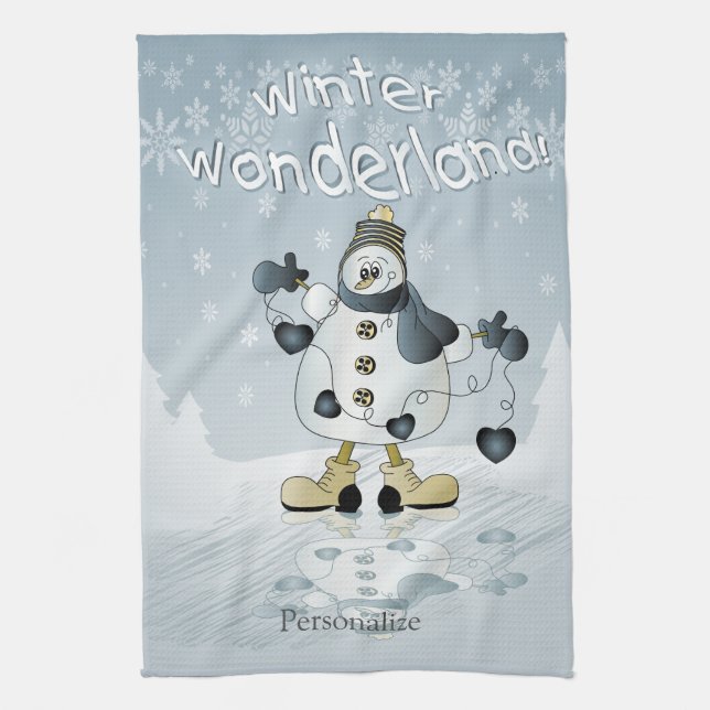 Winter Wonderland Blue Heart Snögubbar Kökshandduk (Vertikal)
