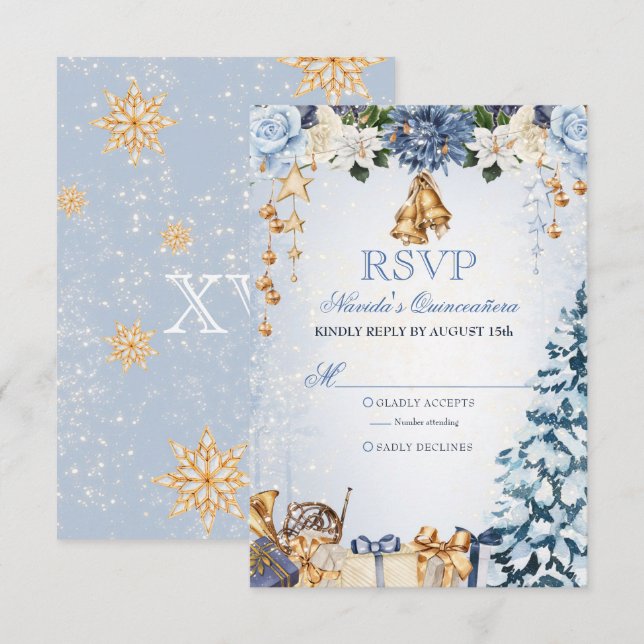 Winter Wonderland Blue och Guld Quinceanera OSA Kort (Fram/baksida)