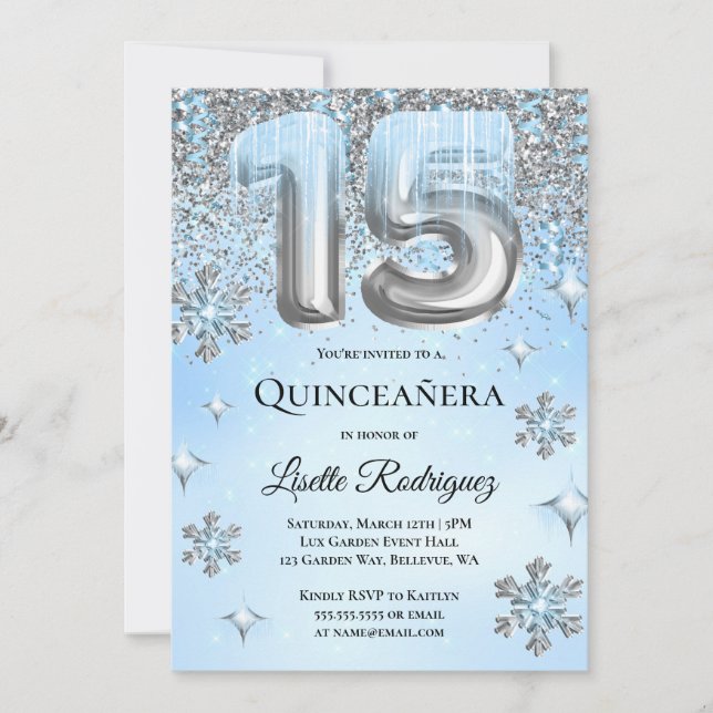 Winter Wonderland Blue Silver Balloons Quinceanera Inbjudningar (Framsida)